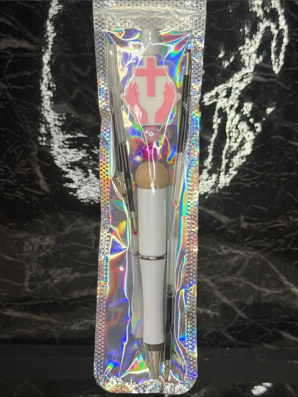 Pink Cross Focal Bead Pen  Black and blue ink